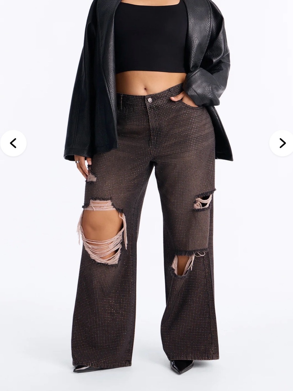 Fashion Nova Brown Distressed Wide Leg Rhinestone Jeans